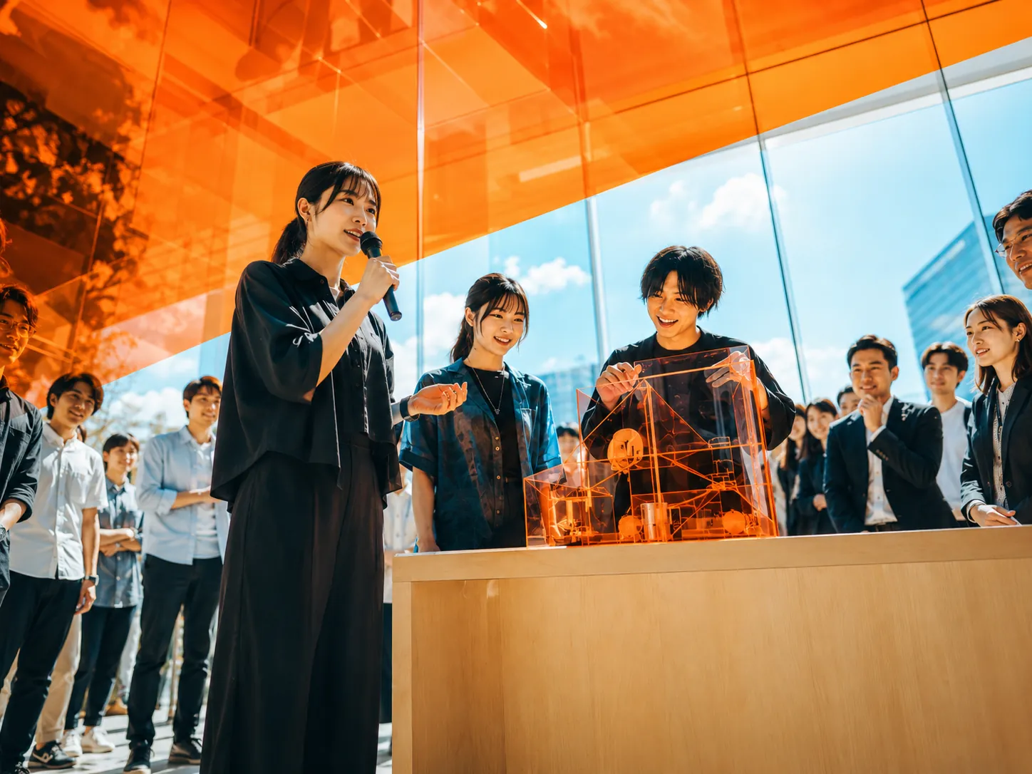Demo Day登壇の場面。試作品を発表し、社会に向けて検証する学生たち